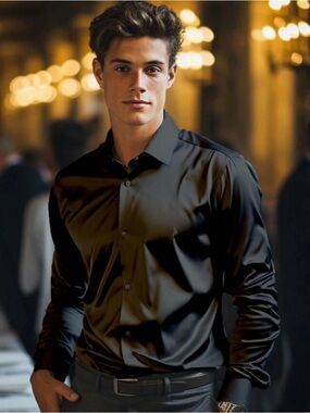 Men's Black Satin Dress Shirt - Brand Unspecified